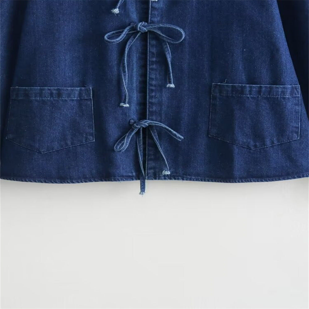 Bow Tie Front Washed Denim Jacket - DarkBlue - 4