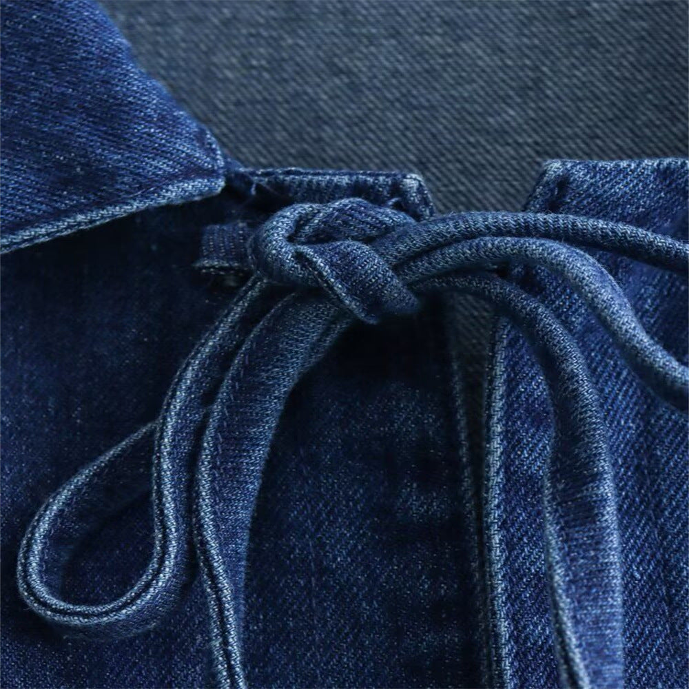 Bow Tie Front Washed Denim Jacket - DarkBlue - 6