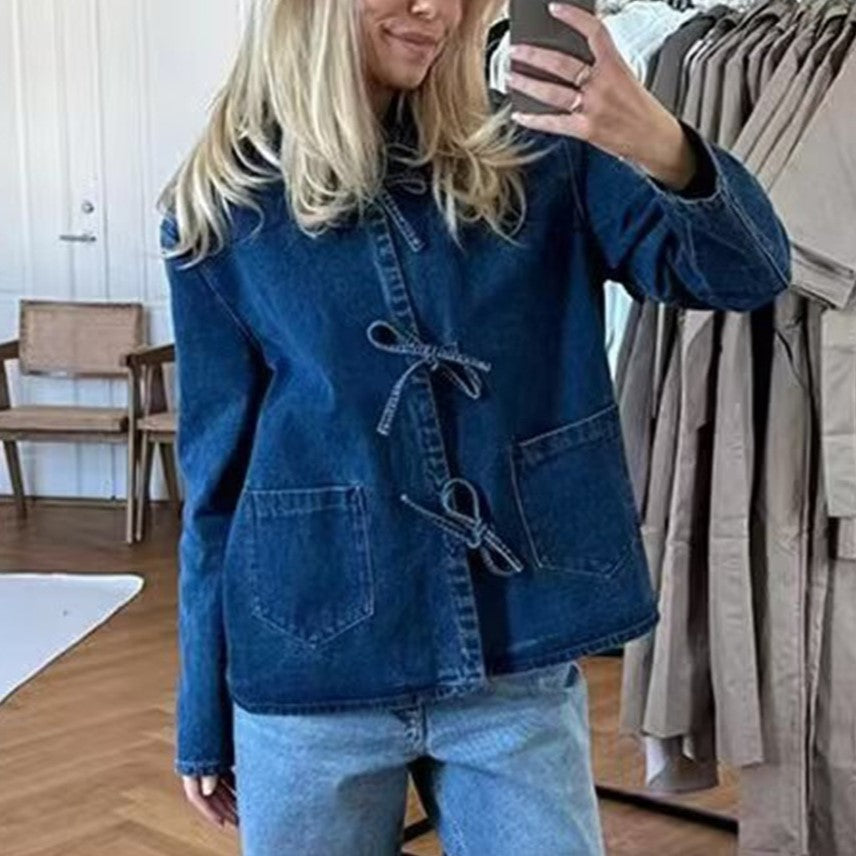 Bow Tie Front Washed Denim Jacket - DarkBlue - 8