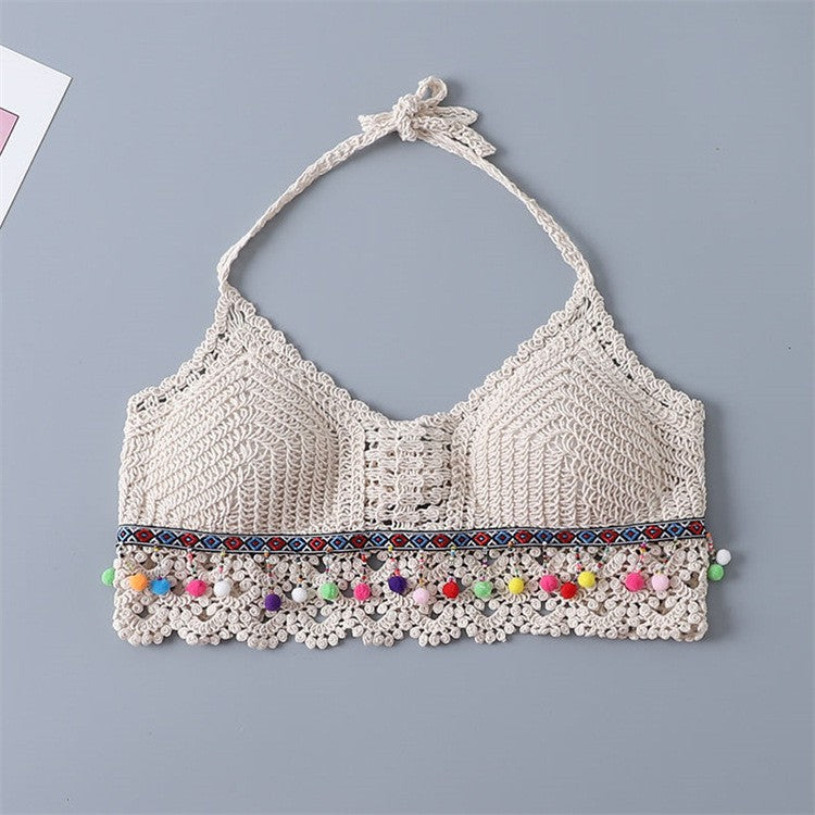 Scalloped Crochet Halter Swim Top - Beige-06