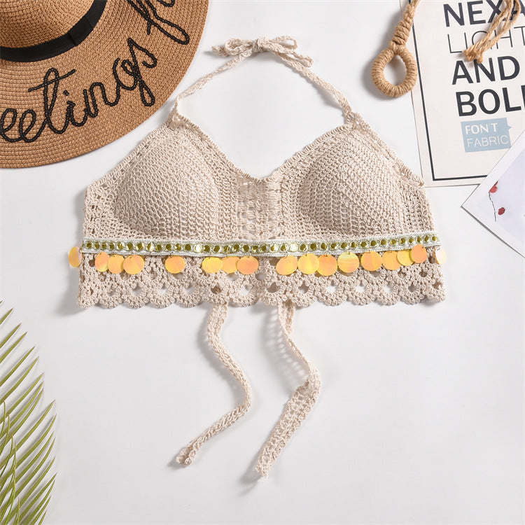 Scalloped Crochet Halter Swim Top - Beige-08