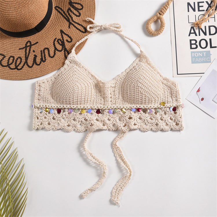 Scalloped Crochet Halter Swim Top - Beige-12