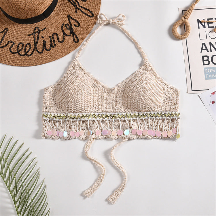 Scalloped Crochet Halter Swim Top - Beige-14