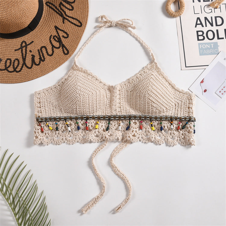 Scalloped Crochet Halter Swim Top - Beige-16