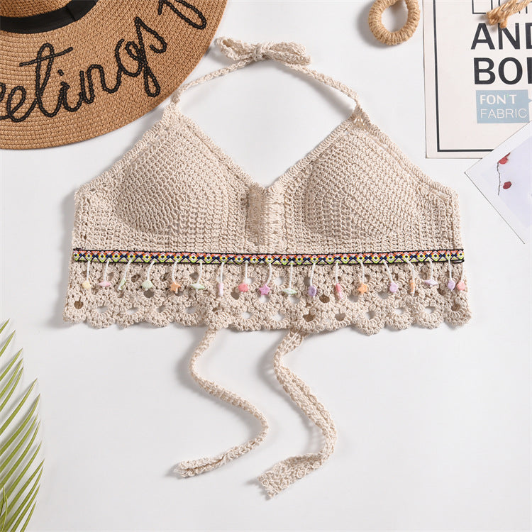 Scalloped Crochet Halter Swim Top - Beige-18