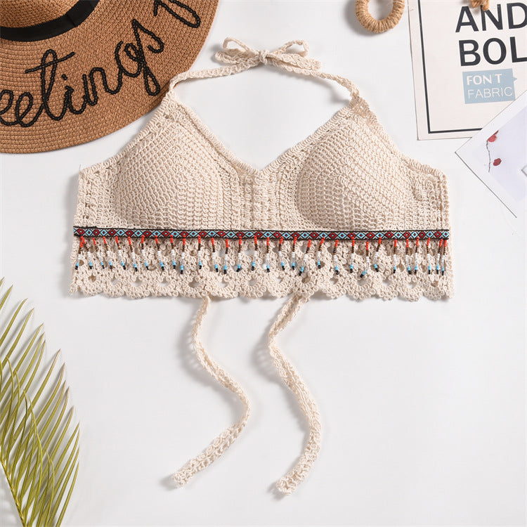 Scalloped Crochet Halter Swim Top - Beige-20
