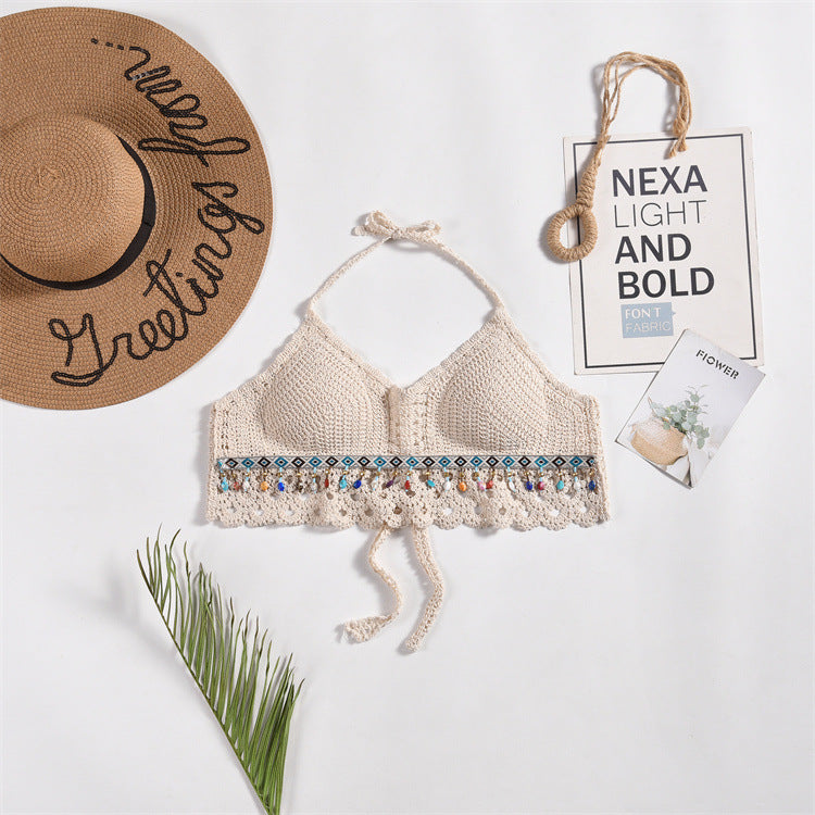 Scalloped Crochet Halter Swim Top - Beige-26