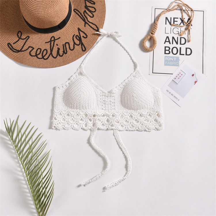 Scalloped Crochet Halter Swim Top - White-01