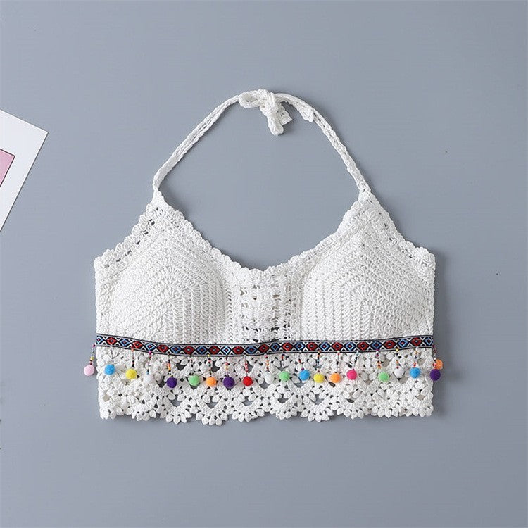 Scalloped Crochet Halter Swim Top - White-05