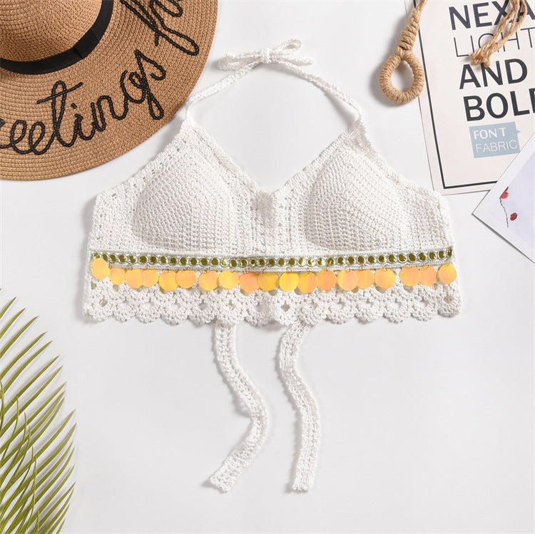 Scalloped Crochet Halter Swim Top - White-07