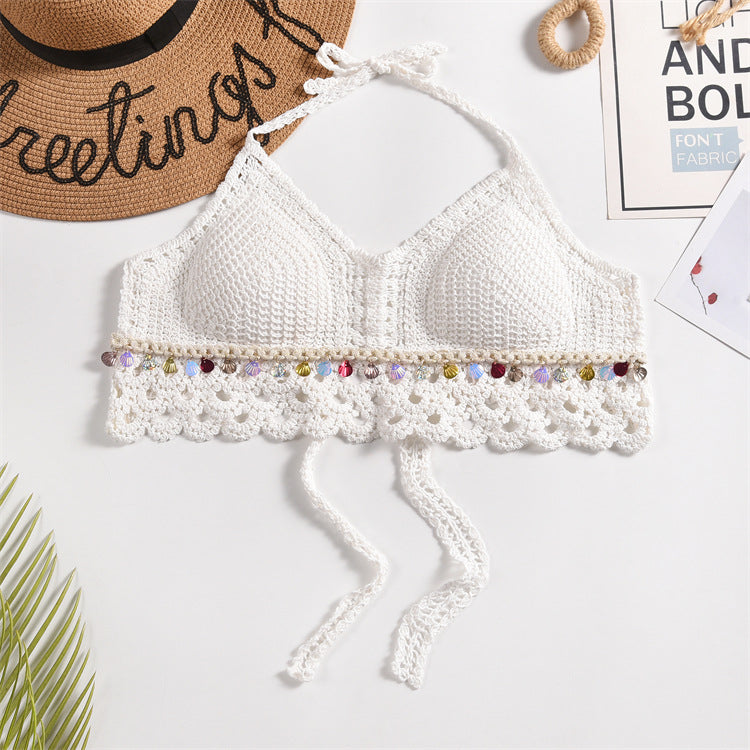 Scalloped Crochet Halter Swim Top - White-11