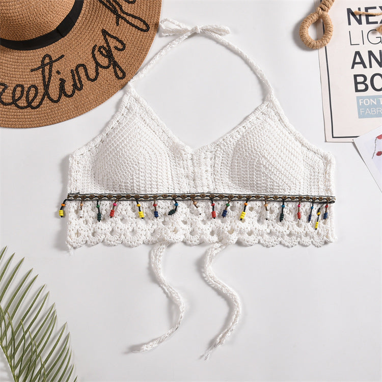 Scalloped Crochet Halter Swim Top - White-15