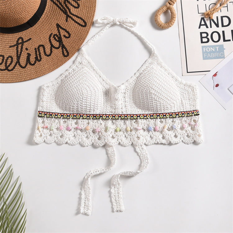 Scalloped Crochet Halter Swim Top - White-17