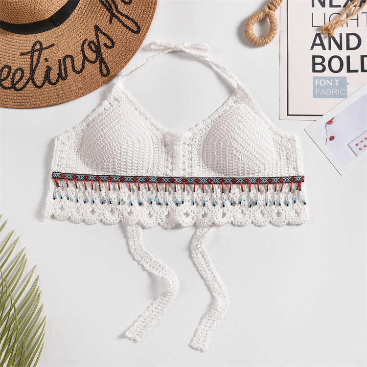 Scalloped Crochet Halter Swim Top - White-19