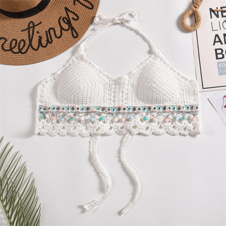 Scalloped Crochet Halter Swim Top - White-21