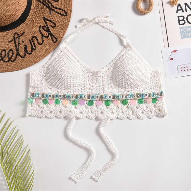 Scalloped Crochet Halter Swim Top - White-23