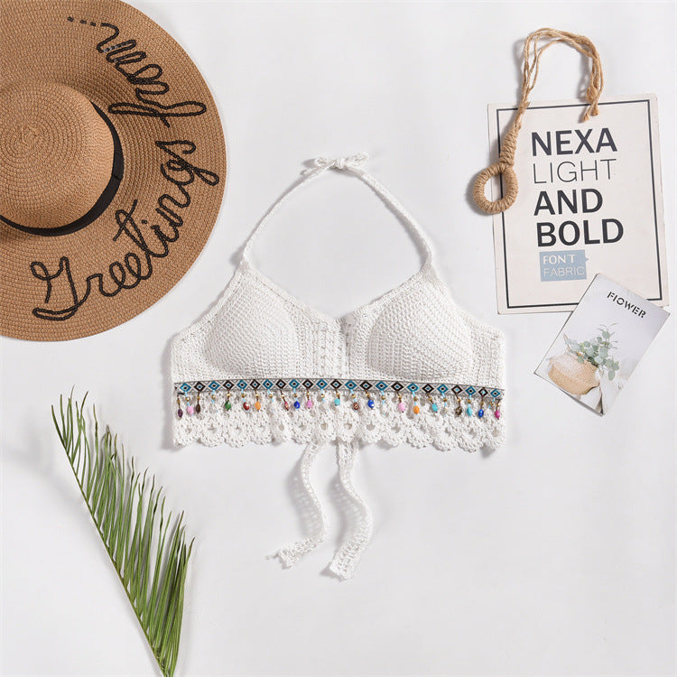 Scalloped Crochet Halter Swim Top - White-25