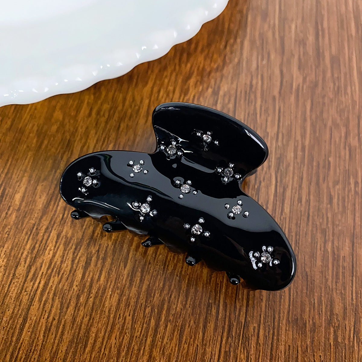 Rhinestone Flower Mini Claw Clip - Black