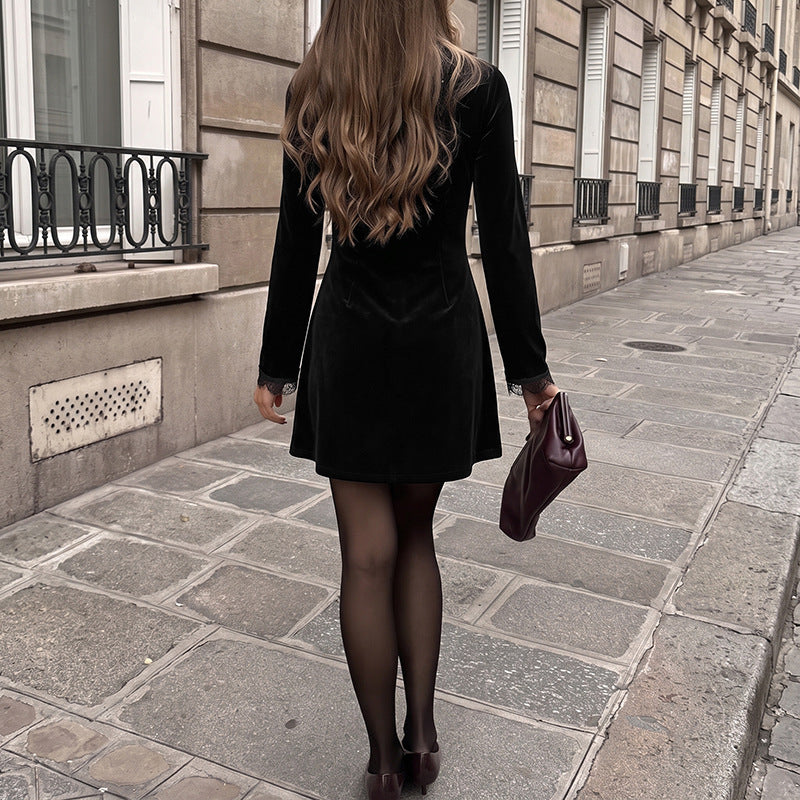 Velvet Mini Dress With Scalloped Lace Trim - Black - 2
