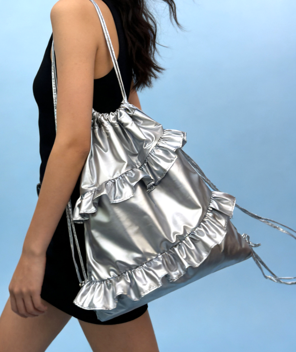Y2K Ruffle Trim Metallic Drawstring Bag - Silver