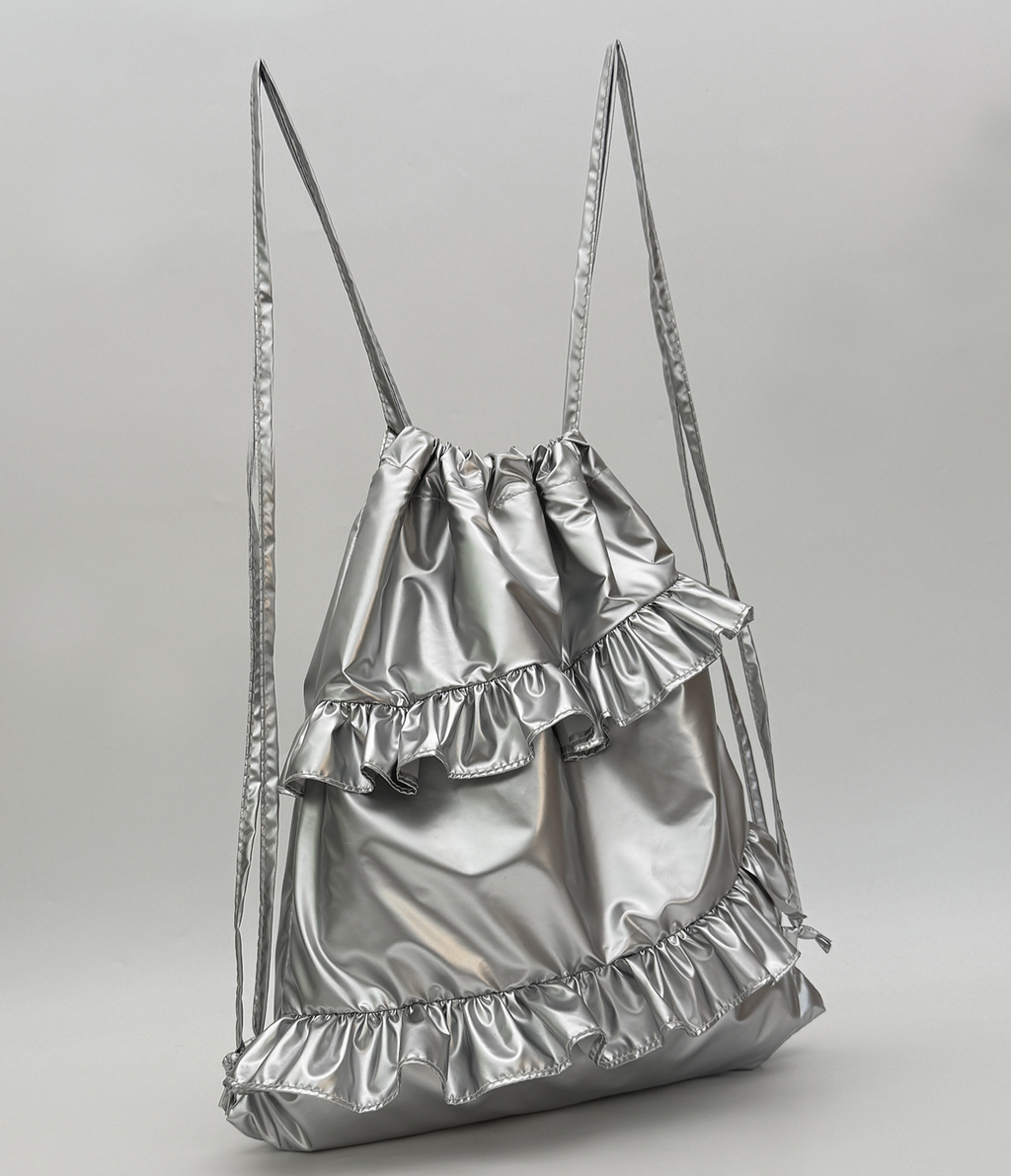 Y2K Ruffle Trim Metallic Drawstring Bag - Silver - 1