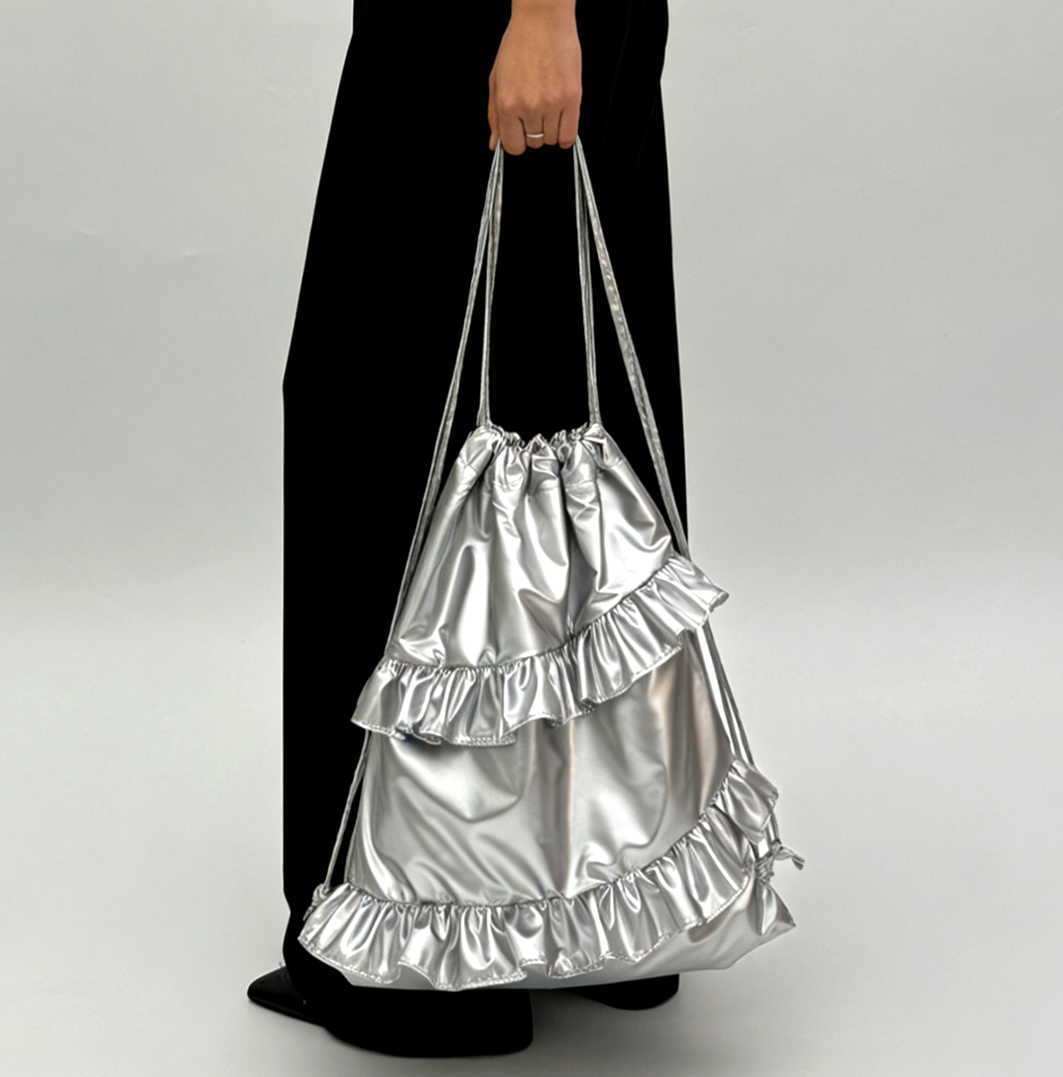 Y2K Ruffle Trim Metallic Drawstring Bag - Silver - 3