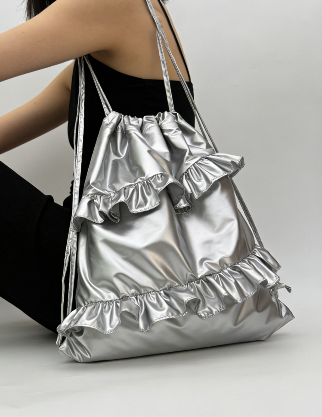Y2K Ruffle Trim Metallic Drawstring Bag - Silver - 4