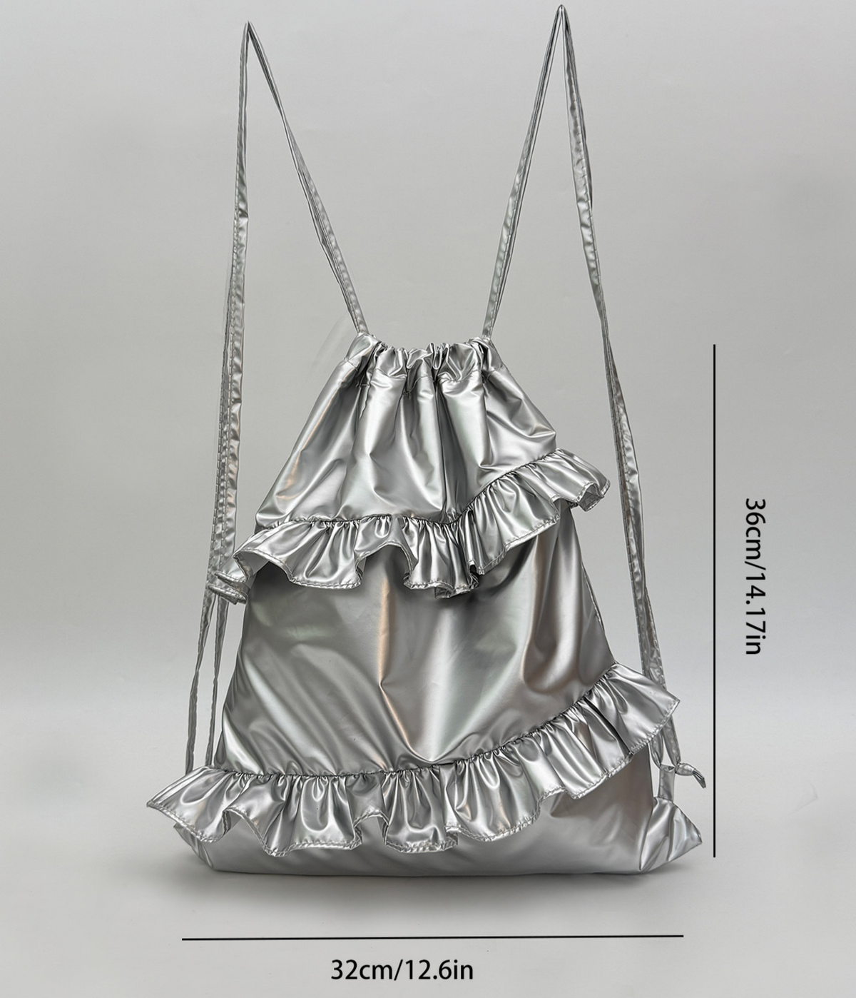 Y2K Ruffle Trim Metallic Drawstring Bag - Silver - 6