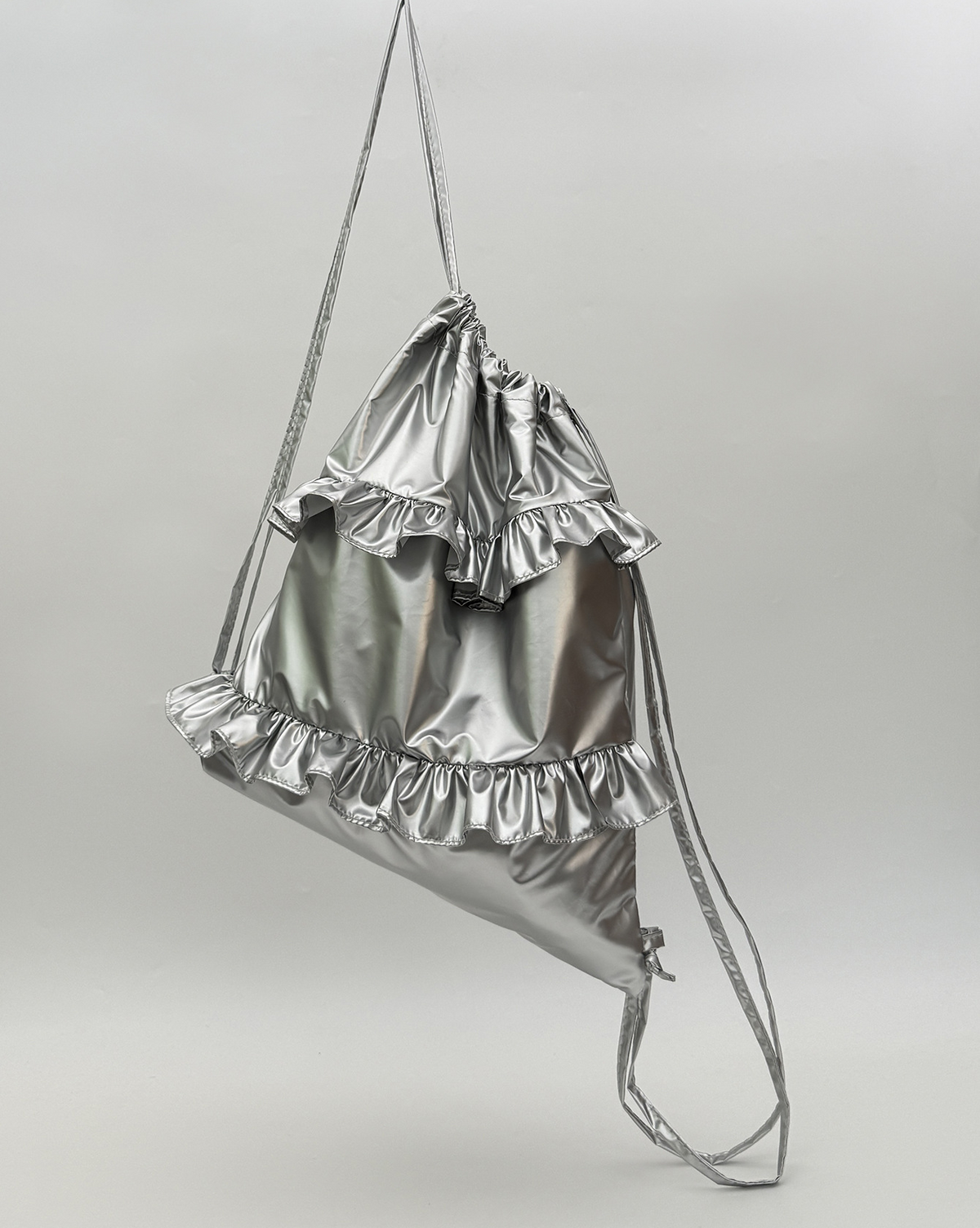 Y2K Ruffle Trim Metallic Drawstring Bag - Silver - 7