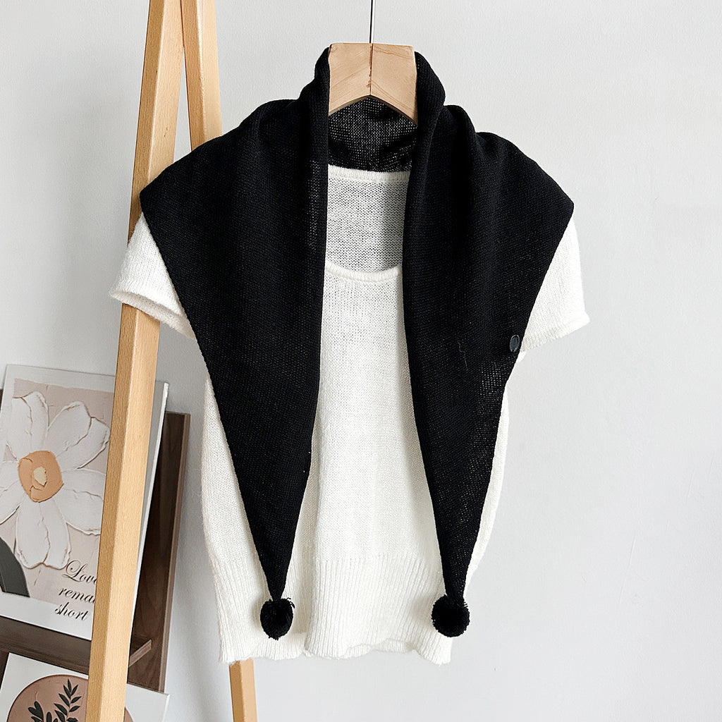 Pom Pom Knit Triangle Scarf Shawl - Black