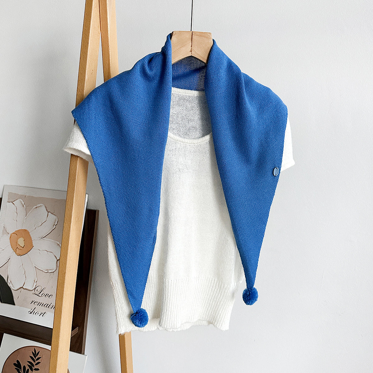Pom Pom Knit Triangle Scarf Shawl - Blue
