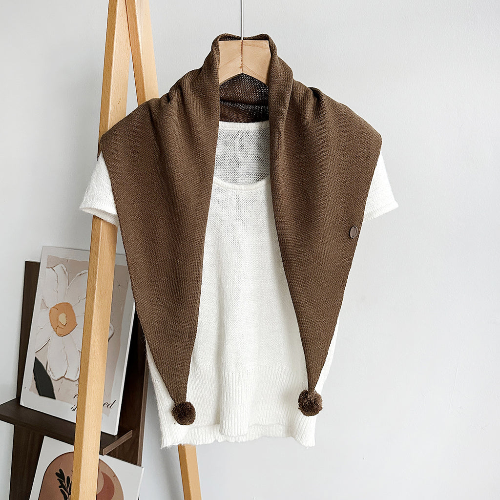 Pom Pom Knit Triangle Scarf Shawl - Coffee