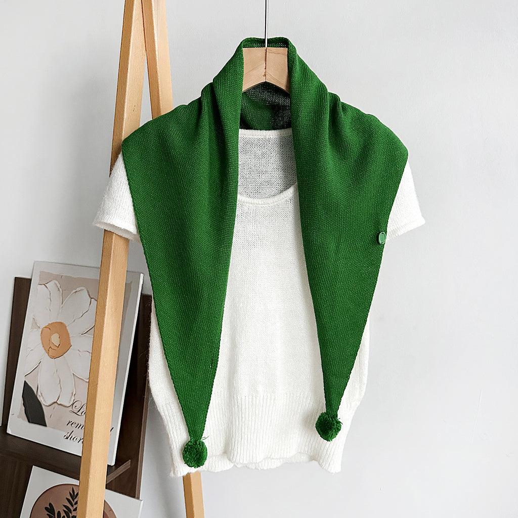 Pom Pom Knit Triangle Scarf Shawl - Green