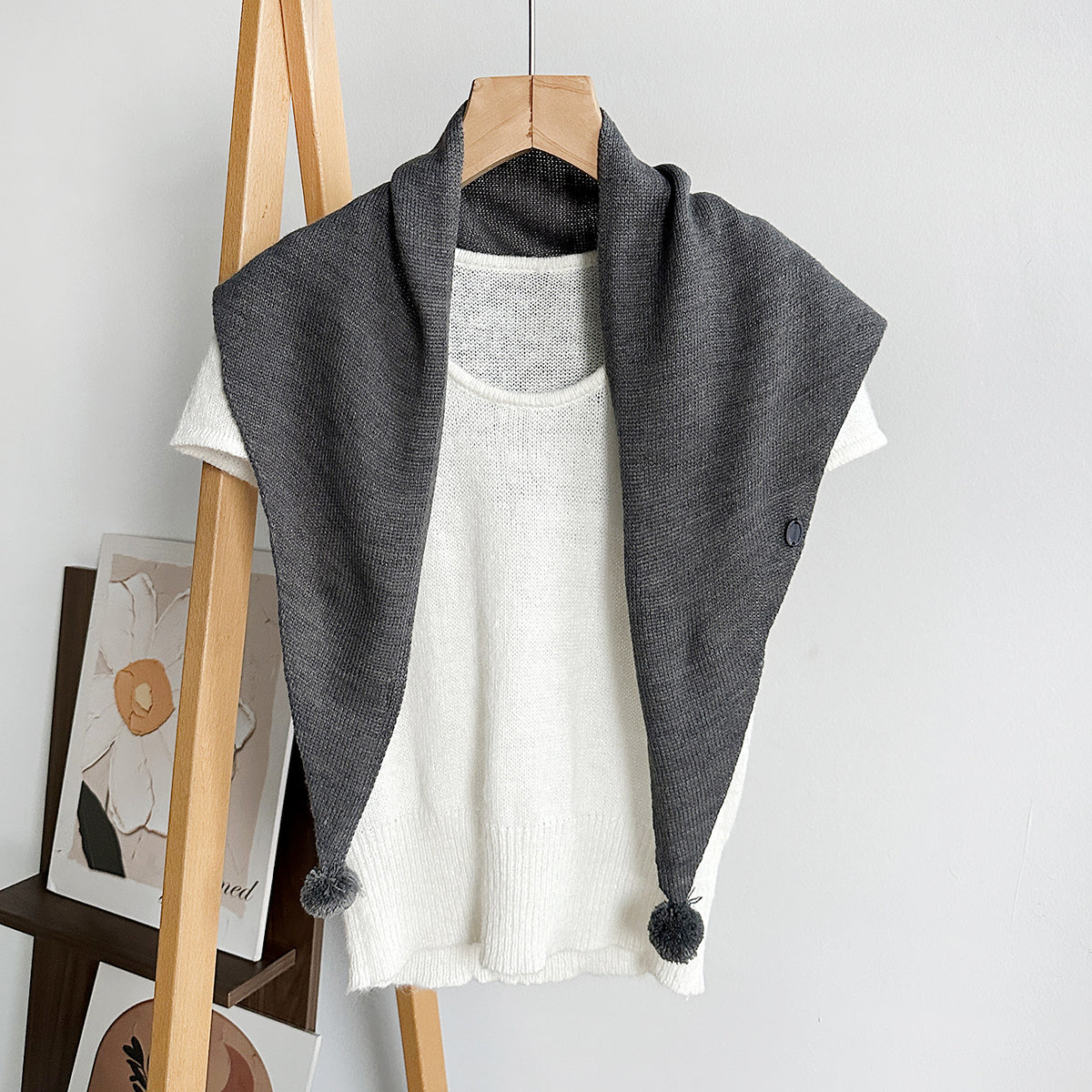 Pom Pom Knit Triangle Scarf Shawl - Grey