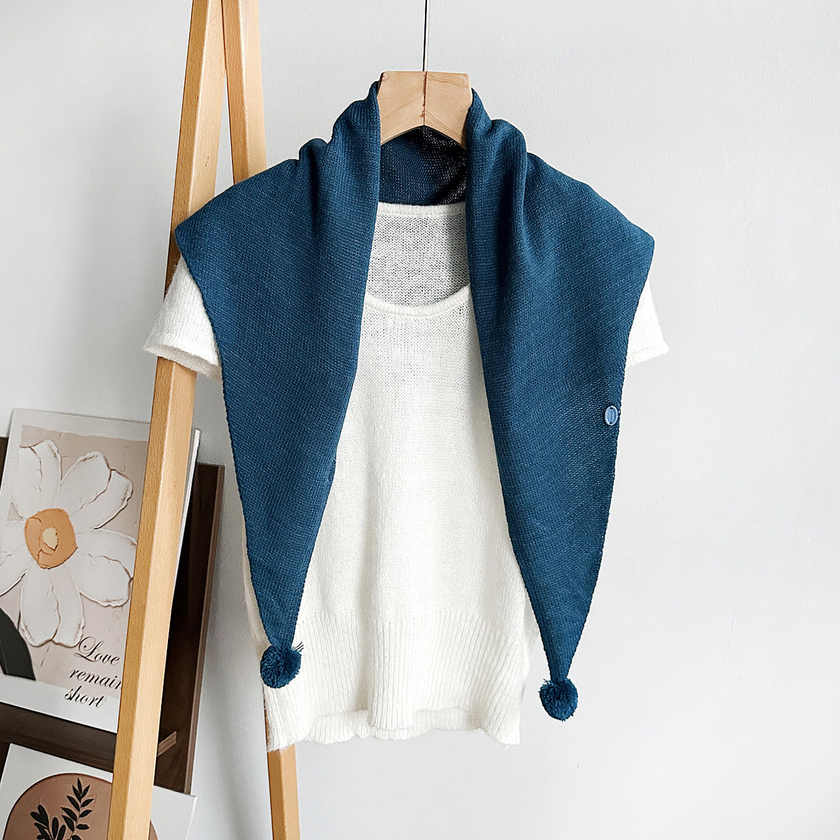 Pom Pom Knit Triangle Scarf Shawl - NavyBlue
