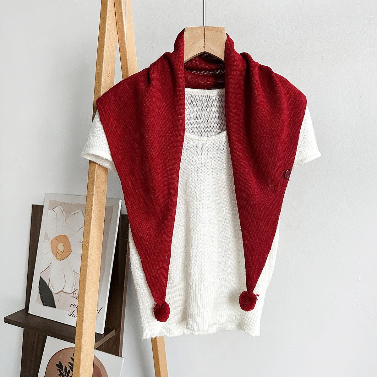 Pom Pom Knit Triangle Scarf Shawl - Red
