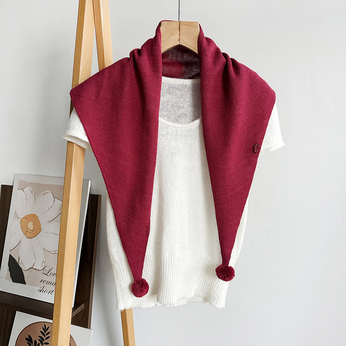 Pom Pom Knit Triangle Scarf Shawl - RoseRed