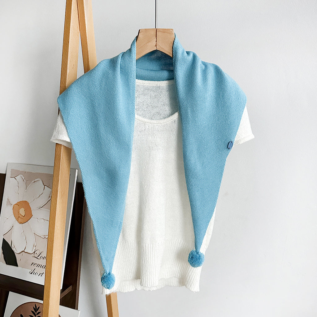 Pom Pom Knit Triangle Scarf Shawl - SkyBlue