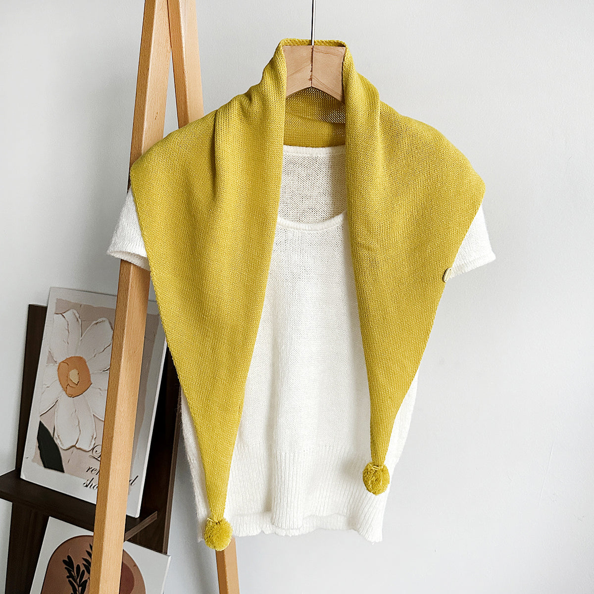 Pom Pom Knit Triangle Scarf Shawl - Turmeric