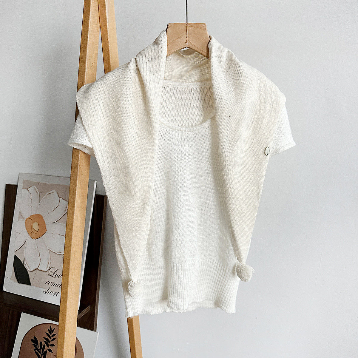 Pom Pom Knit Triangle Scarf Shawl - White