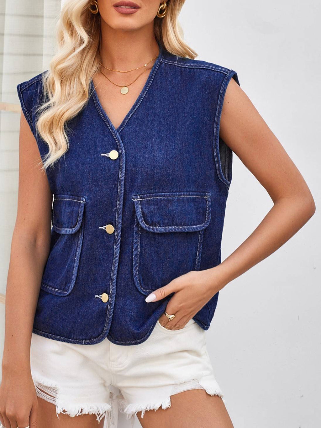 Contrast Stitch Patch Pocket Denim Vest - Blue - 1