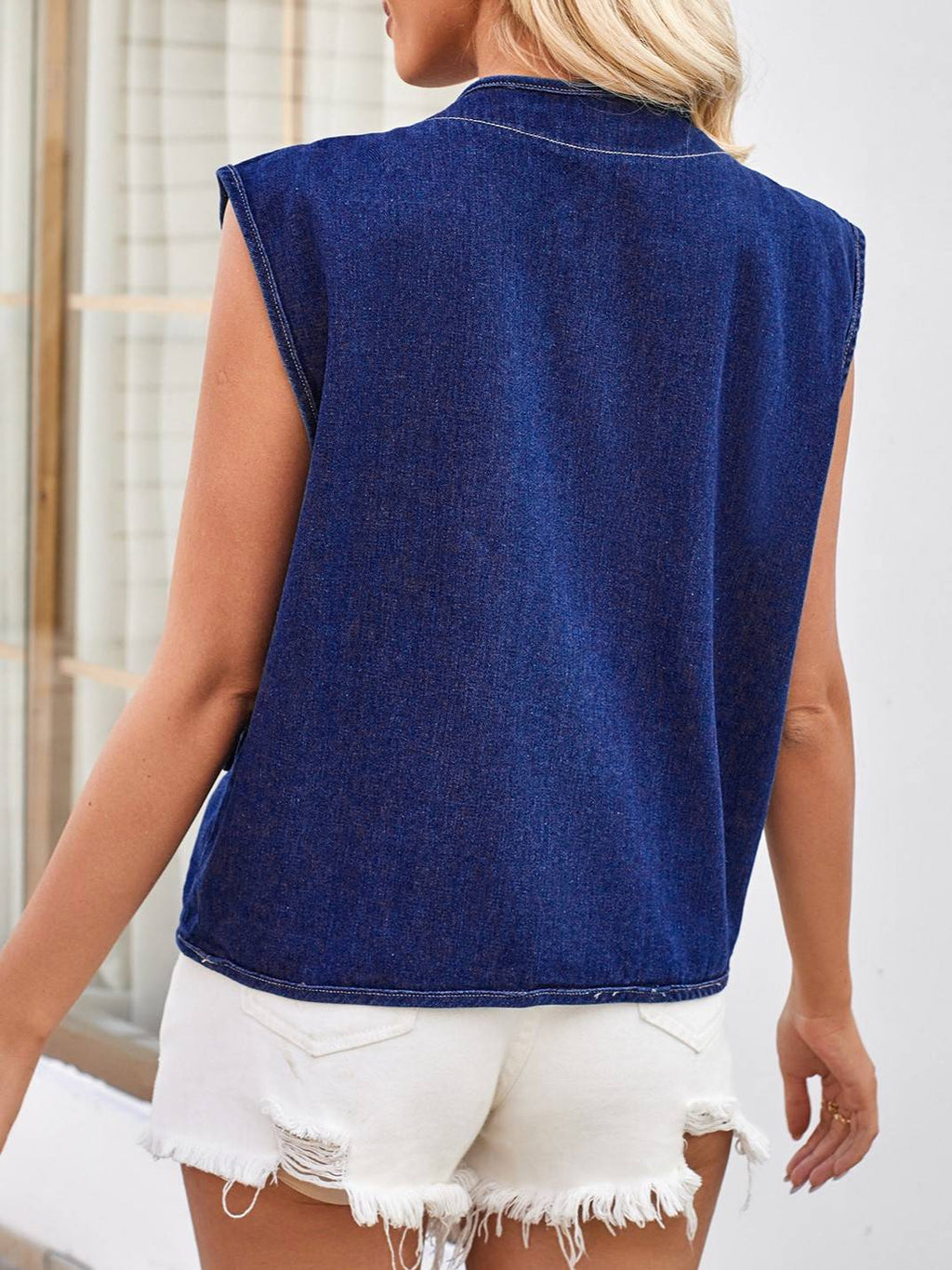 Contrast Stitch Patch Pocket Denim Vest - Blue - 2