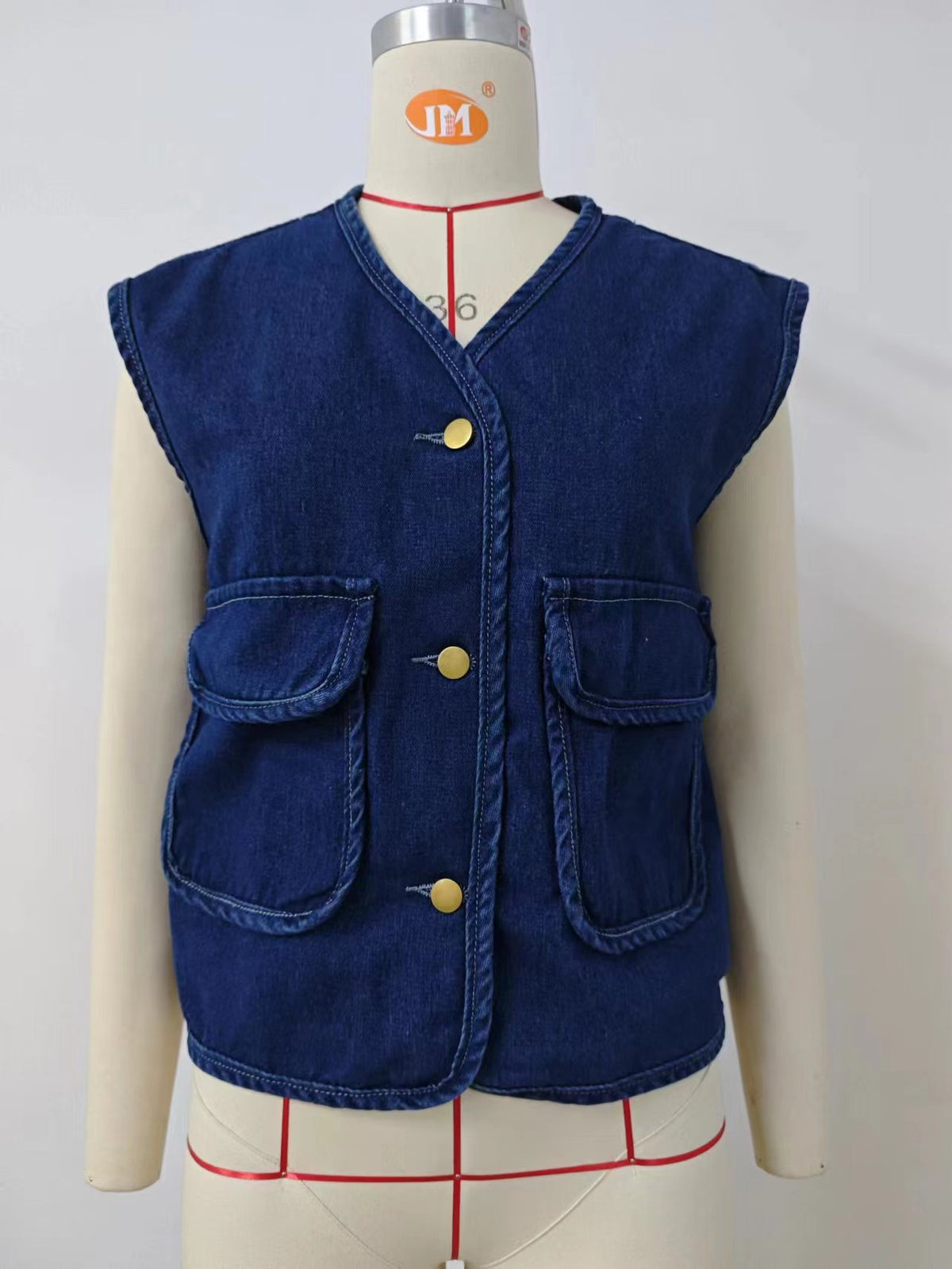 Contrast Stitch Patch Pocket Denim Vest - Blue - 5