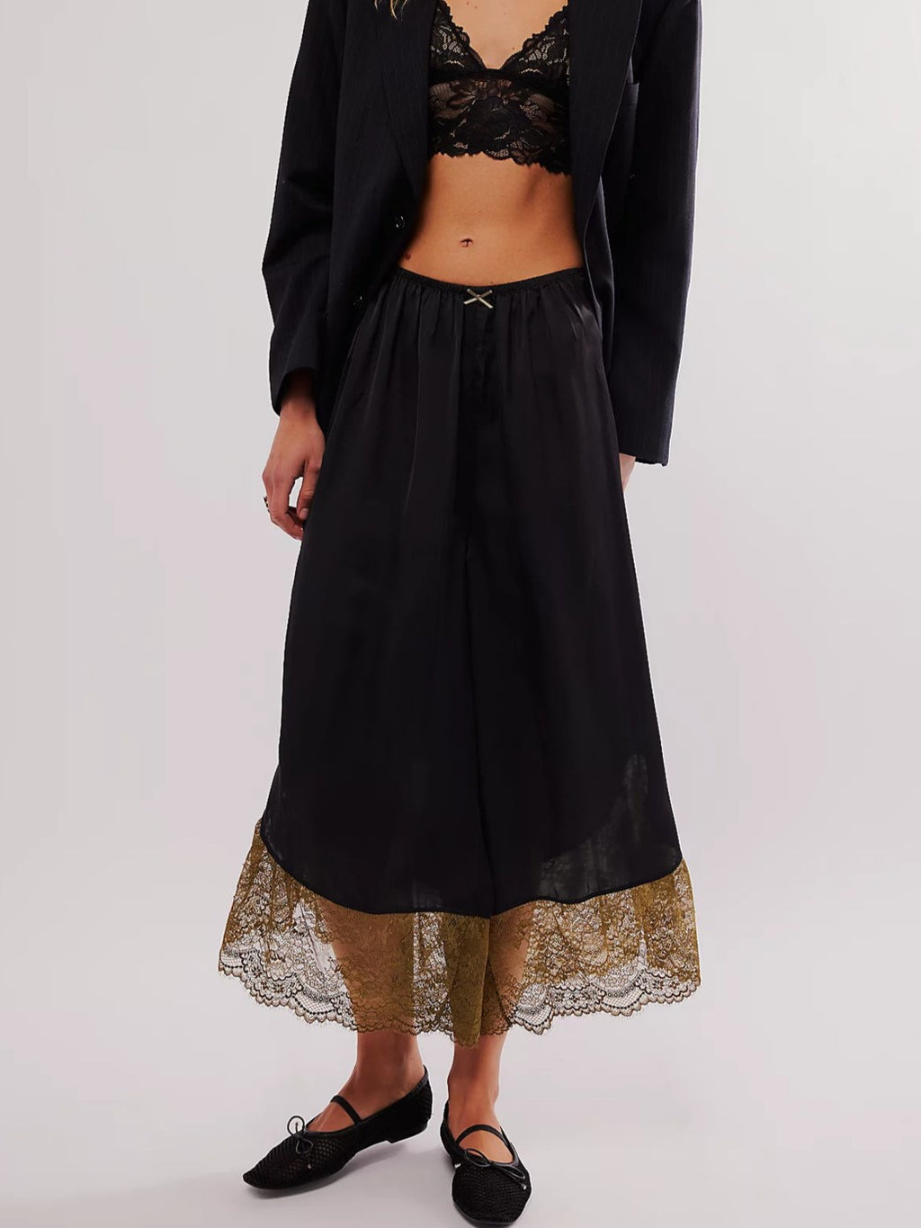 Patchwork Satin Lace Trim Flare Pants - Black