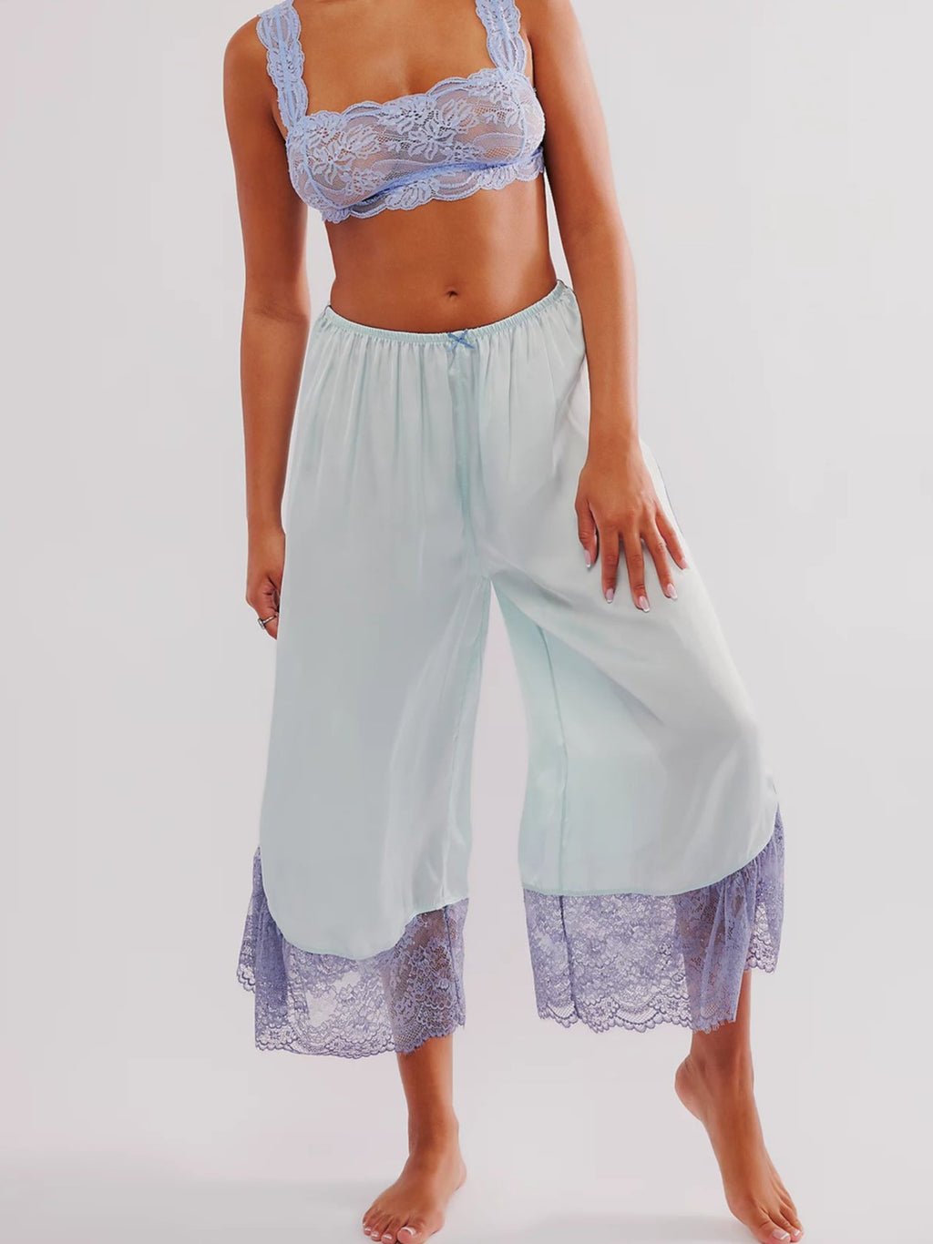 Patchwork Satin Lace Trim Flare Pants - Blue