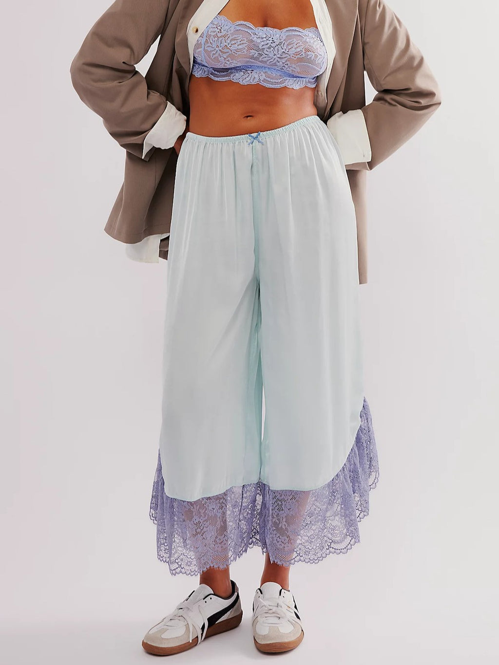 Patchwork Satin Lace Trim Flare Pants - Blue - 2