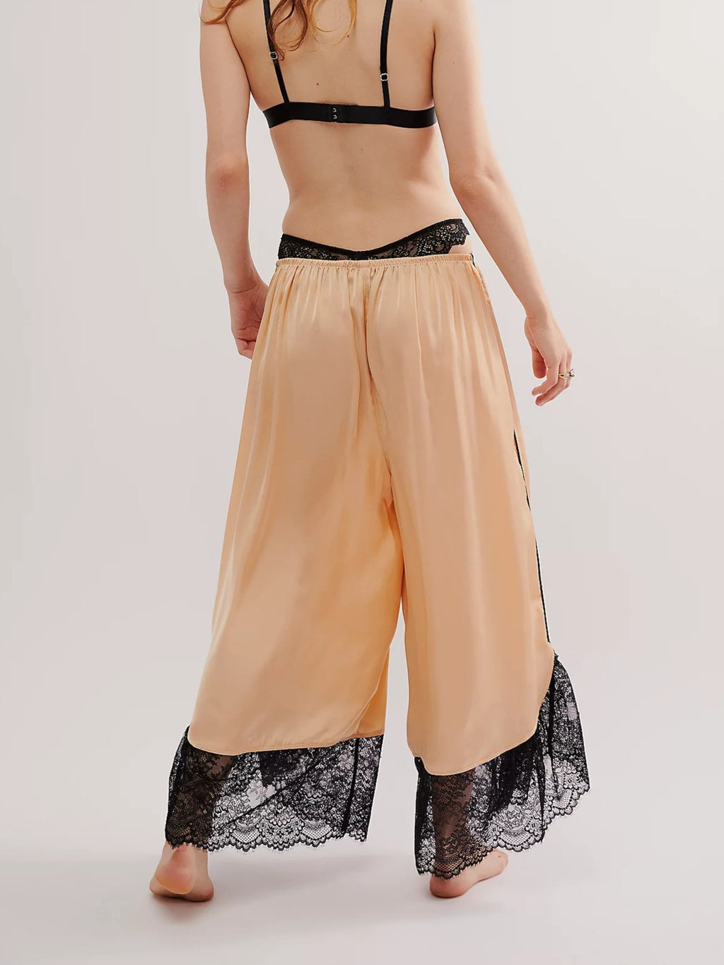 Patchwork Satin Lace Trim Flare Pants - Yellow - 1