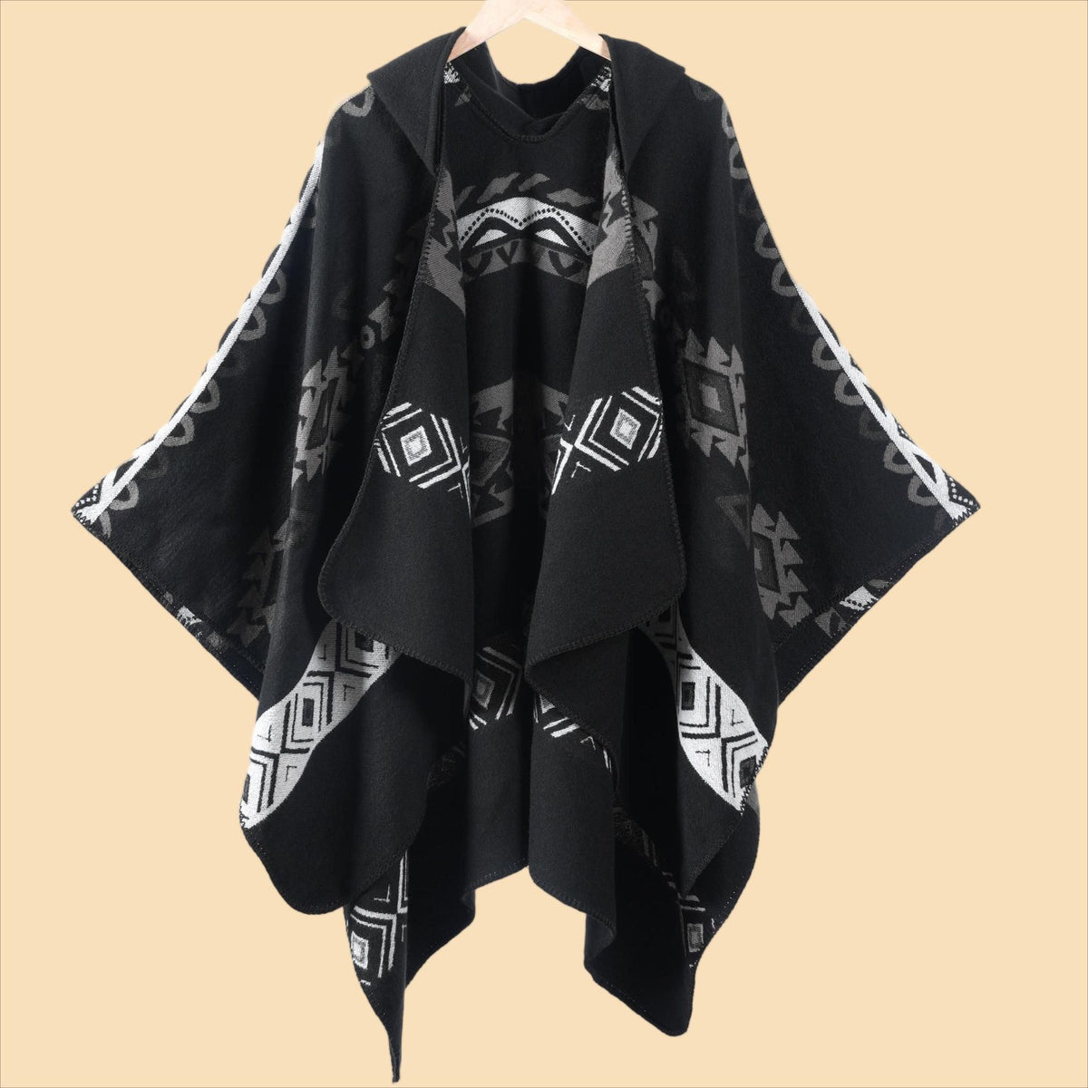 Hooded Fringe Aztec Print Ruana Cape - Black-1