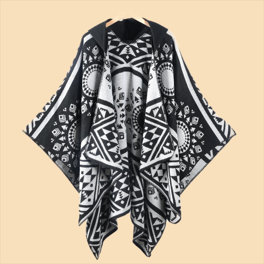 Hooded Fringe Aztec Print Ruana Cape - Black-2