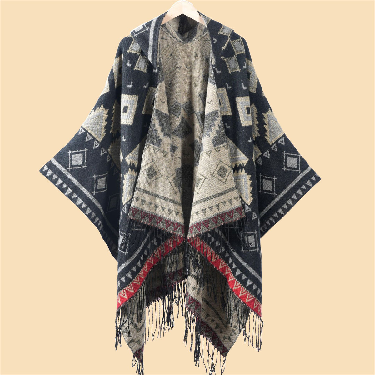 Hooded Fringe Aztec Print Ruana Cape - Black-3